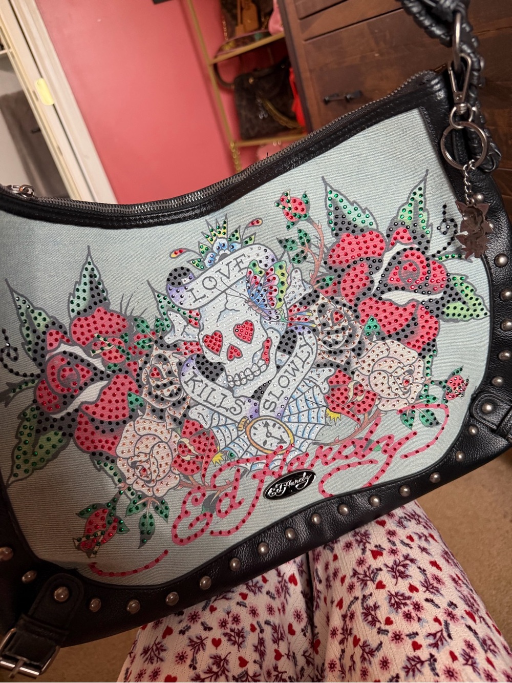 Ed Hardy Mint Shoulder Bag with Pink & Red Rose Skull Design